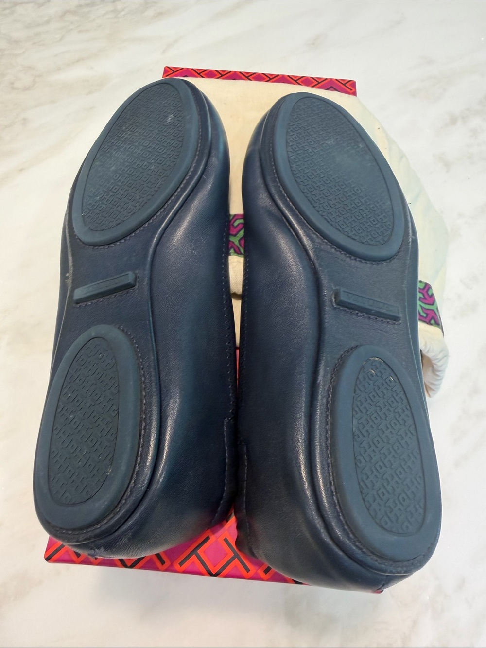 Tory Burch Navy Leather Logo Round-Toe Ballet Flats - Picture 6 of 6